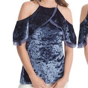 White House Black Market Crushed Velvet Halter Top Sz Small Cold‎ Shoulder Blue